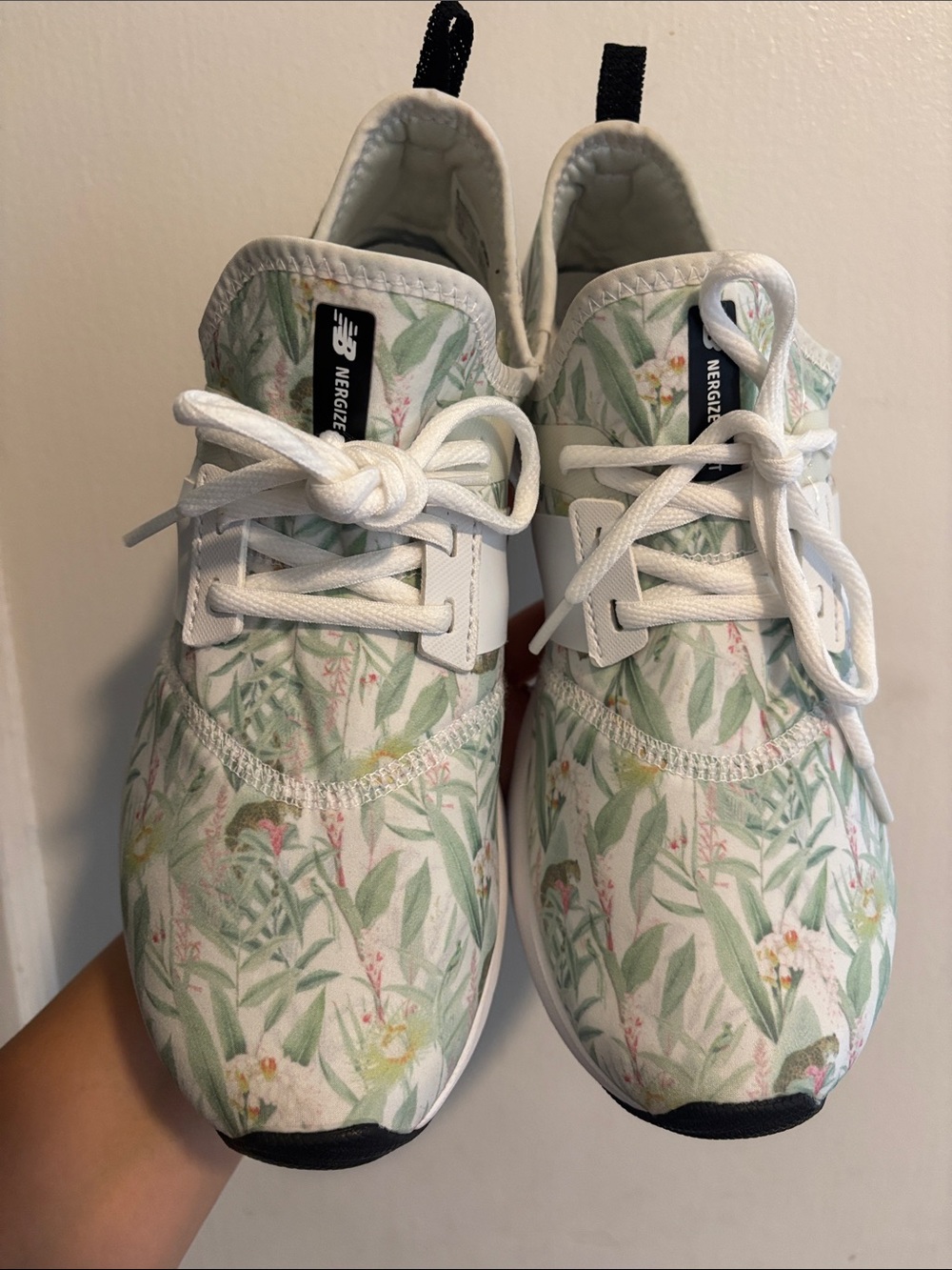 New Balance White Sneakers with Green Leaf Print
